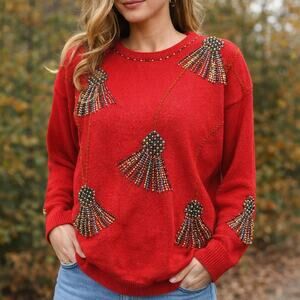 80s Victoria Harbour Red Beaded Sweater Womens M Shoulder Pads